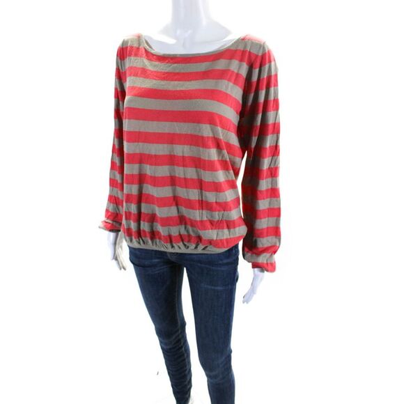 TSE Say Womens Cotton Striped Print Round Neck Bishop Sleeve Top Pink Size L - Picture 3 of 6